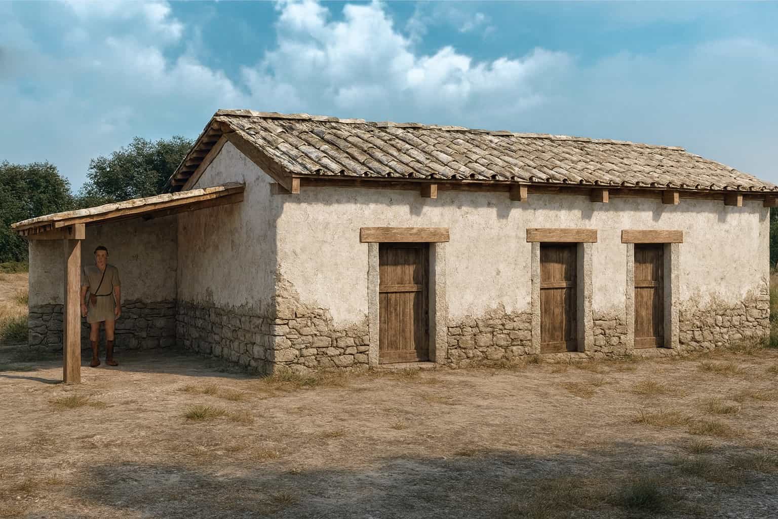 Ricostruzione di una casa enotria con zoccolo in muratura litica, elevato in terra cruda, tetto in tegole (generata con intelligenza artificiale).